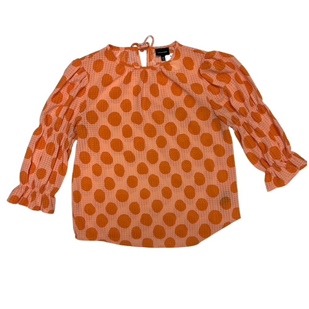 Who What Wear Orange Polka Dot‎ Blouse Women's Size M Long Sleeve Sheer Top